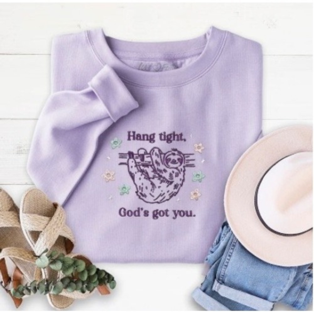 Lavender Sloth Sweatshirt Hang Tight God's Got You Purple Crewneck
